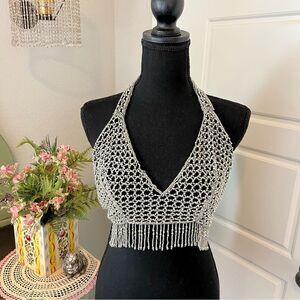 Western Fashion Glass Beaded Dangle Fringe Halter Top Adjustable One Size